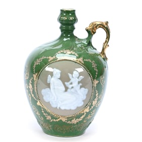 Jug, Marked Royal Pate Sur Pate, Green Ground With White Relief Featuring Woman And Cherub In Clouds