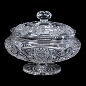 Pedestal Covered Dish, ABCG, Signed Hawkes, Hobstar, Vesica, Miter, And Fan Motif