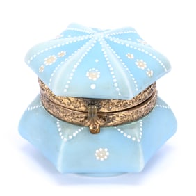 Jewel Box, Marked Nakara, Six Sided Blue And Cream Tones With White Beaded Enamel Tapestry