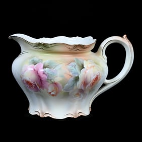 Cider Pitcher, Marked R.S. Prussia, Pink, Yellow, Green, And White Satin Finish With Rose Decor