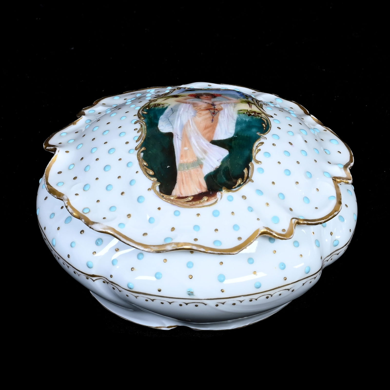Powder Box, Marked Prov Saxe, White With Scene Of Woman And Peacock (1 of 3)