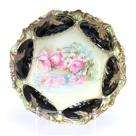 Bowl, Marked R.S. Prussia, Green With Reflecting Floral Decor, Black Domes
