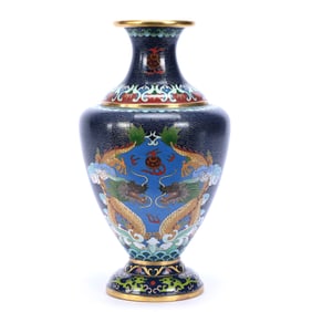 Vase, Chinese Cloisonne, Double Sided Scene Of Five Toed Dragons