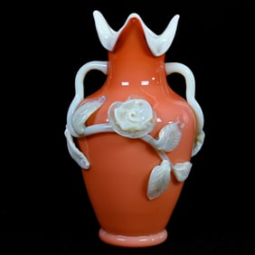 Two Handled Vase, Peach Colored Cased Art Glass With White Opaque Applied Branch And Blossom Decor