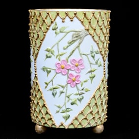 Footed Cylinder Vase, Marked Lotus Ware, Embossed Branch And Blossom Decor With Fishnet Design