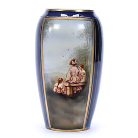 Vase, Marked R.S. Suhl, Rare Homesteaders Scenic Decor - Cobalt Blue Panels, Gold Trim Highlights