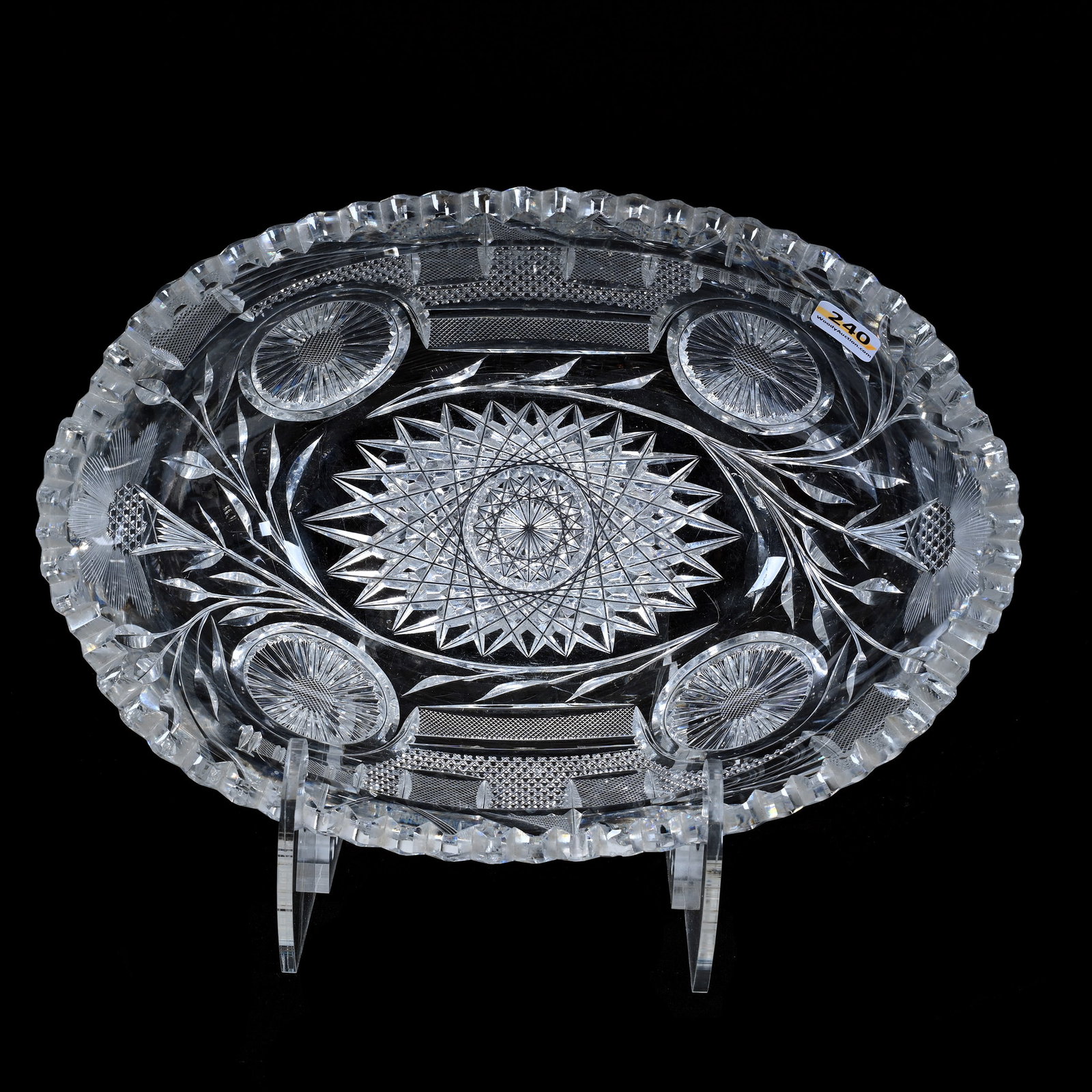 Banana Bowl, ABCG, Extremely Rare Automobile Design Patented By Irving Cut Glass, 1913: Banana Bowl, American Brilliant Cut Glass, Extremely Rare Automobile Design Patented By Irving Cut Glass, 1913, 3.5" x 11.25" x 7.75", First Piece Of American Cut Glass That Woody Auction Has Sold Foc