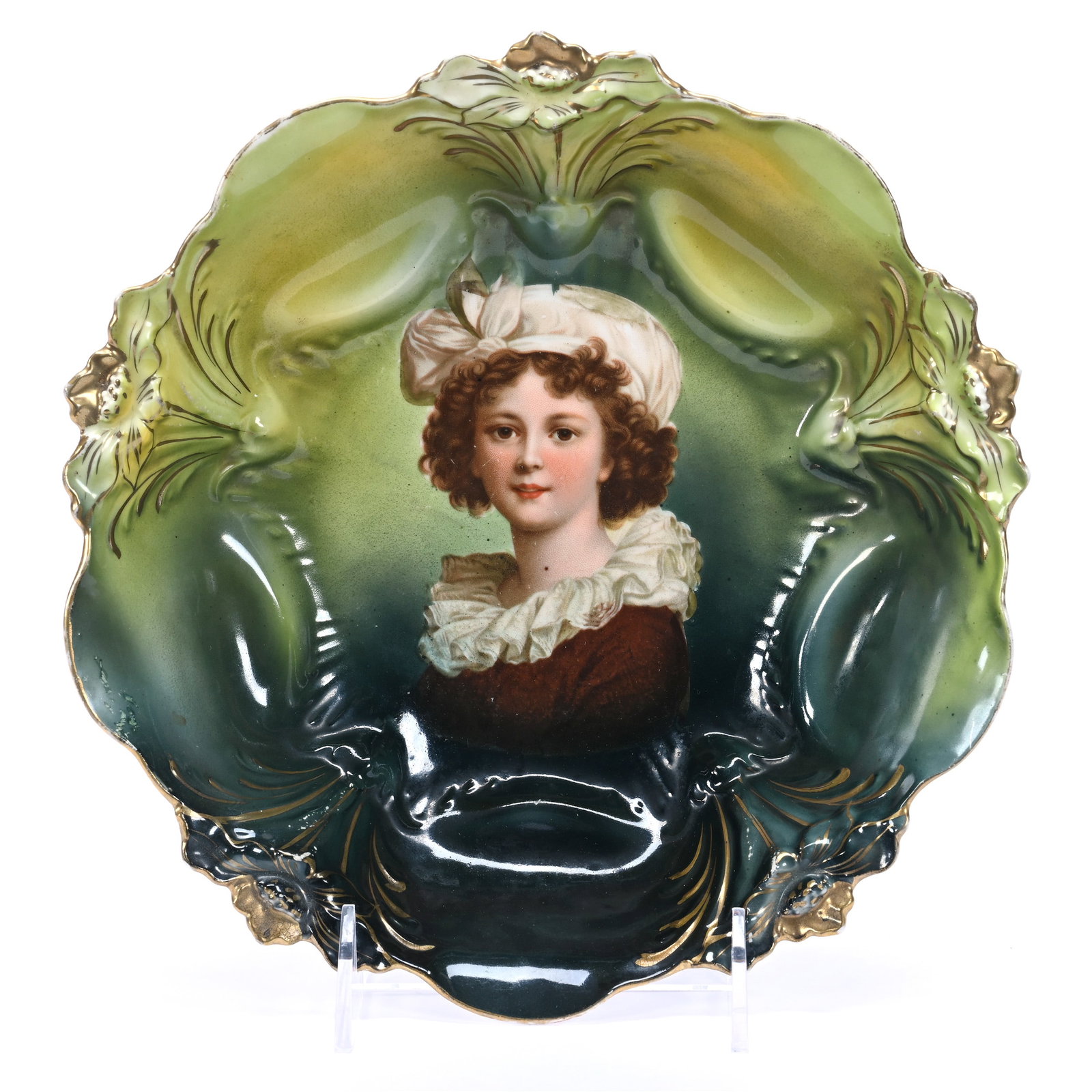 Bowl, Unmarked R.S. Prussia, Lily Mold, Green And Yellow Tones With Lebrun Wearing Hat Decor: Bowl, Unmarked R.S. Prussia, Lily Mold, Green And Yellow Tones With Lebrun Wearing Hat Decor, 9.5", Gold Stencil Highlights, Grady And Annette Hite Collection, NC.