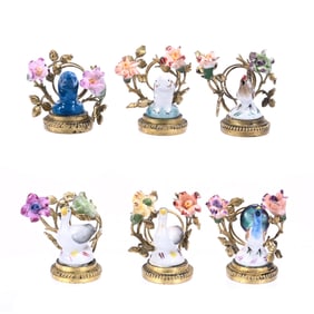 Six Figural French Place Card Holders, Featuring Animals Surrounded By Flowers,