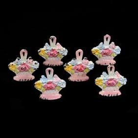 Six Vintage Place Card Holders, Embossed Cast Iron, Floral Basket Design