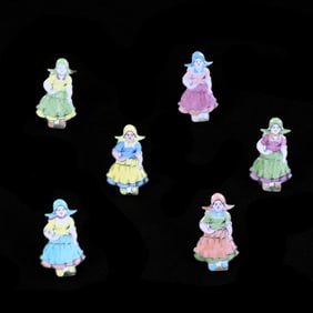 Six Place Card Holders, French Enamel, Dutch Girls