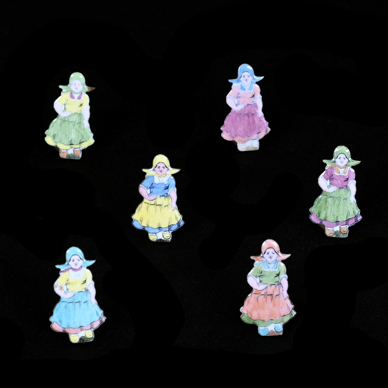 Six Place Card Holders, French Enamel, Dutch Girls: Six Place Card Holders, French Enamel, Dutch Girls, 1.25" x 1", Grady And Annette Hite Collection, NC.