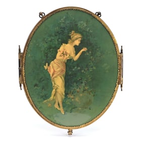 Triptych Vanity Mirror, Celluloid Scenes Of Woman With Mandolin And Woman Selling Flowers