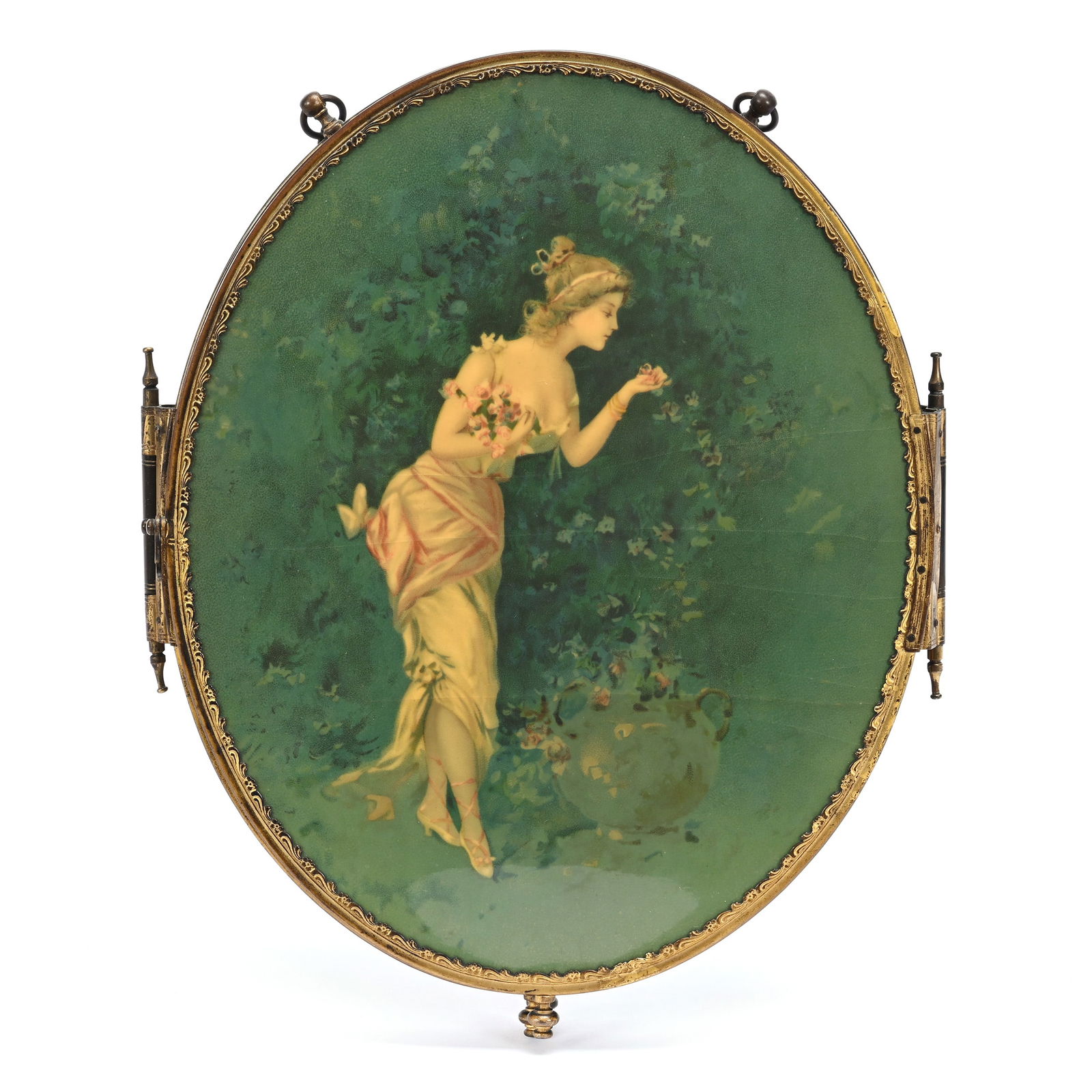 Triptych Vanity Mirror, Celluloid Scenes Of Woman With Mandolin And Woman Selling Flowers (1 of 5)