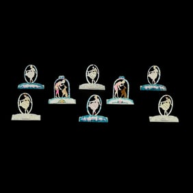 Eight Celluloid Cut Out Place Holders, Colored Highlights