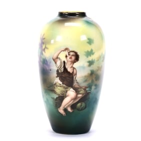 Vase, Marked R.S. Prussia, Green And Yellow Tones With Melon Eater Scenic Decor