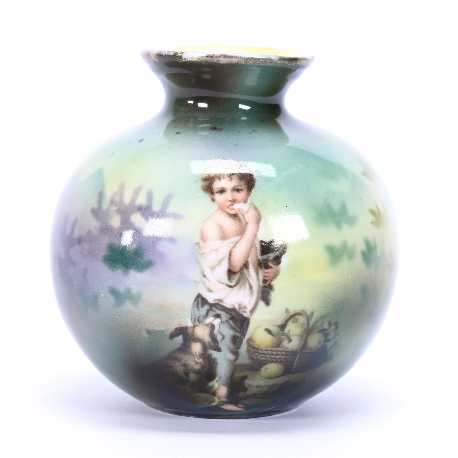 Ball Shaped Vase, Marked R.S. Prussia, Green And Yellow Tones With Melon Eater Scenic Decor (1 of 3)