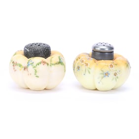 Salt And Pepper Shakers, Unmarked Mt. Washington Melon Ribbed, Burmese Color With Floral Decor