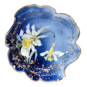 Bowl, Unmarked R.S. Prussia, Cobalt Blue With Daffodil Decor, Gold Stencil Highlights