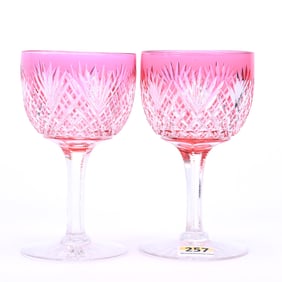 Pair Wine Stems, American Brilliant Cut Glass, Cranberry Cut To Clear