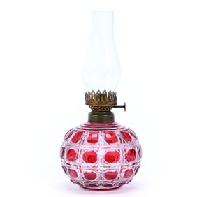 Kerosene Lamp, Brilliant Period Cut Glass, Cranberry Cut To Clear, Cane Pattern
