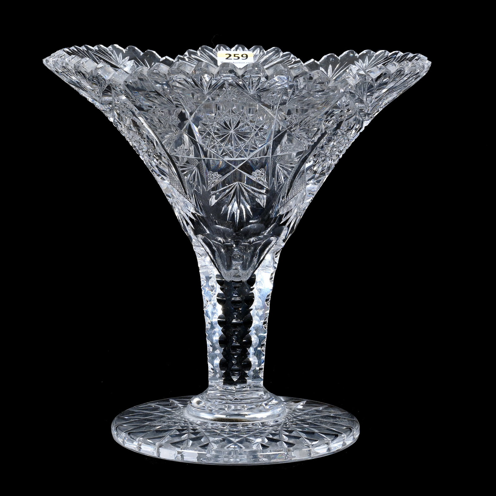 Tazza, ABCG, Flashed Hobstar, Hobstar, Strawberry Diamond, Cane, And Fan Motif: Tazza, American Brilliant Cut Glass, Flashed Hobstar, Hobstar, Strawberry Diamond, Cane, And Fan Motif, 9" x 9", Hobstar Cut Foot, Heavy Blank, One Tooth With Sliver Chip, Grady And Annette Hite Colle