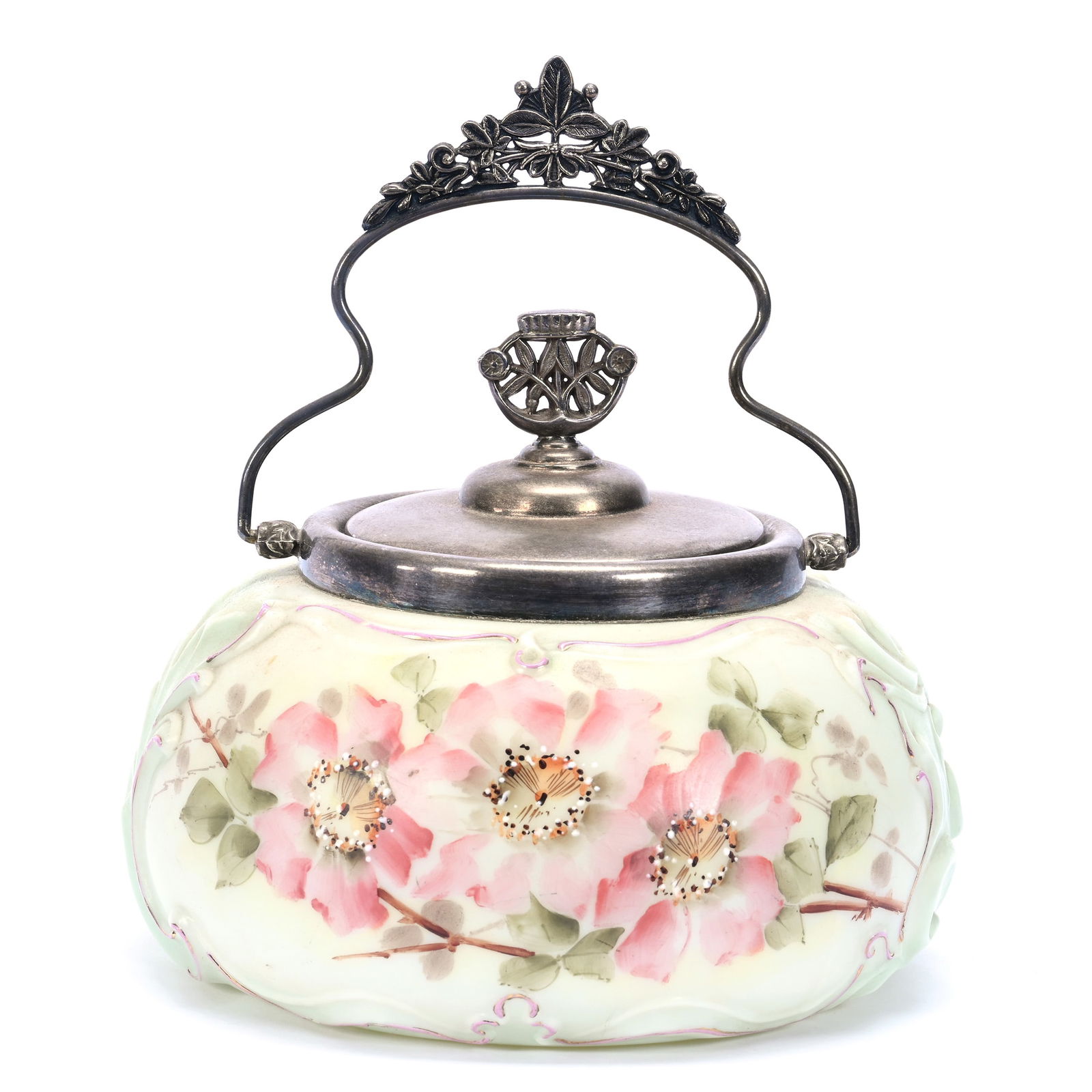 Biscuit Jar, Unmarked Wave Crest, Scroll Mold, Green And White Tones With Pink Floral Decor (1 of 3)