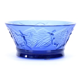 Votive Bowl, Signed Lalique France, Solid Blue With Embossed Fairies