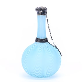 Scent Bottle, Blue And White Nailsea Art Glass, Sterling Silver Collar And Cap