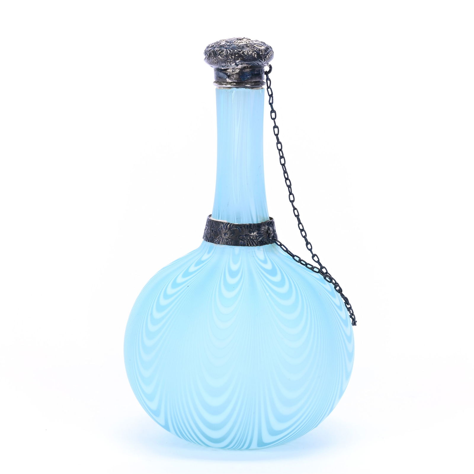 Scent Bottle, Blue And White Nailsea Art Glass, Sterling Silver Collar And Cap (1 of 4)