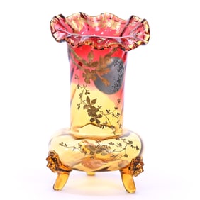 Vase, Amberina Art Glass, Optic Swirl With Gold Enamel Branch And Blossom Decor