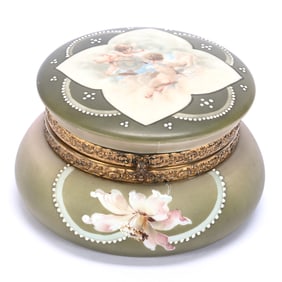 Jewel Box, Marked Nakara, Green And Pink Tones With Scene Of Cherubs Observing World Globe