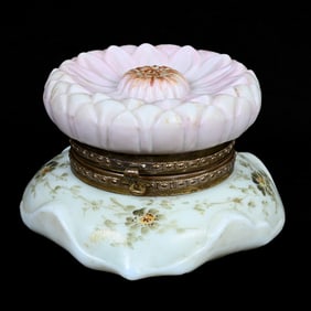 Jewel Box, Wave Crest Stamp Mark, Blown Mold Dahlia Lid, White, Green, And Pink Tones, Floral Decor