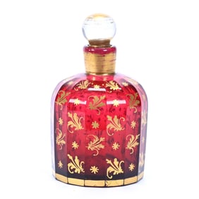 Perfume Bottle, Cased, Cranberry Art Glass In The Style Of Mosier