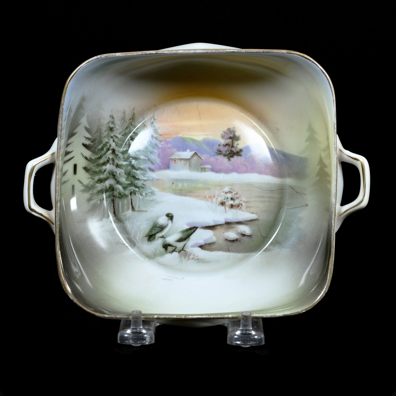 Square Bowl, Two Handles, Marked R.S. Germany, Snowbird Scenic Decor: Square Bowl, Two Handles, Marked R.S. Germany, Snowbird Scenic Decor, 7" x 6", Grady And Annette Hite Collection, NC.