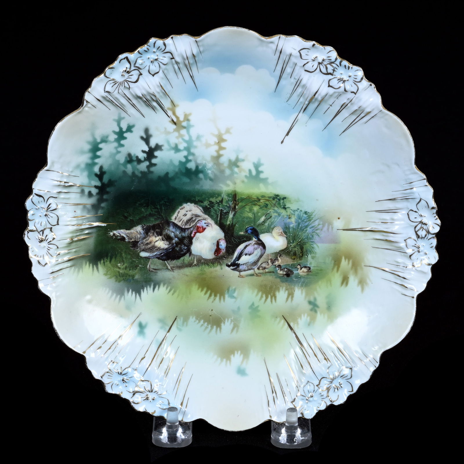 Plate Marked R.S. Prussia, Icicle Mold, Turkey And Ducks Scenic Decor: Plate Marked R.S. Prussia, Icicle Mold, Turkey And Ducks Scenic Decor, 7.75", Grady And Annette Hite Collection, NC.