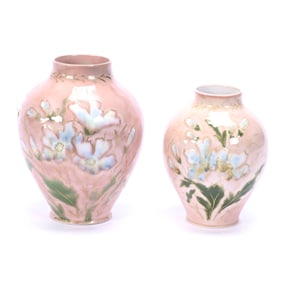 (2) Vases, R.S. Steeple Mark, Pink Marbleized Ground