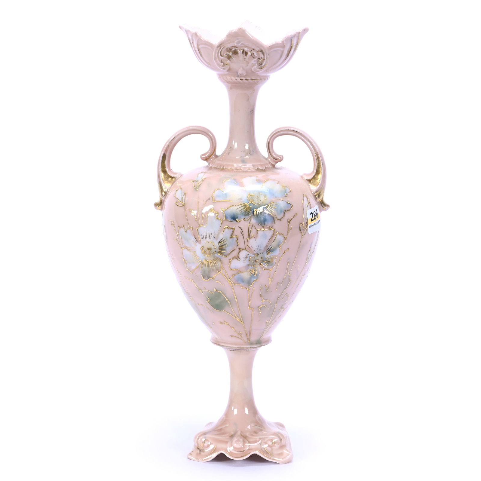 Pedestal Urn, Two Handles, R.S. Steeple Mark, Pink Marbleized Ground (1 of 3)
