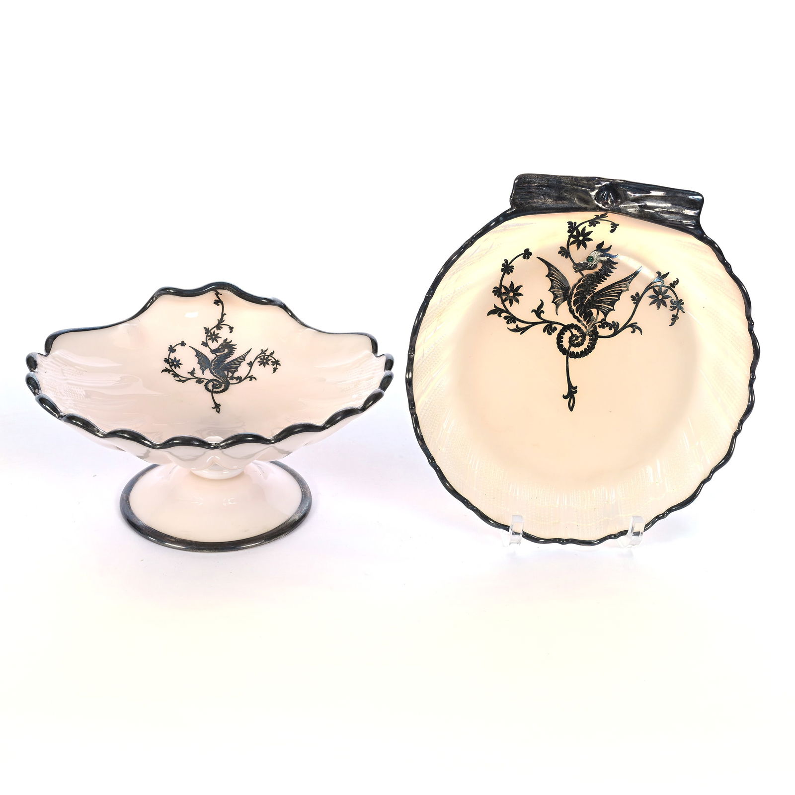 (2) Cambridge Shell Shaped Items, Silver Overlay Of Dragon Design (1 of 3)