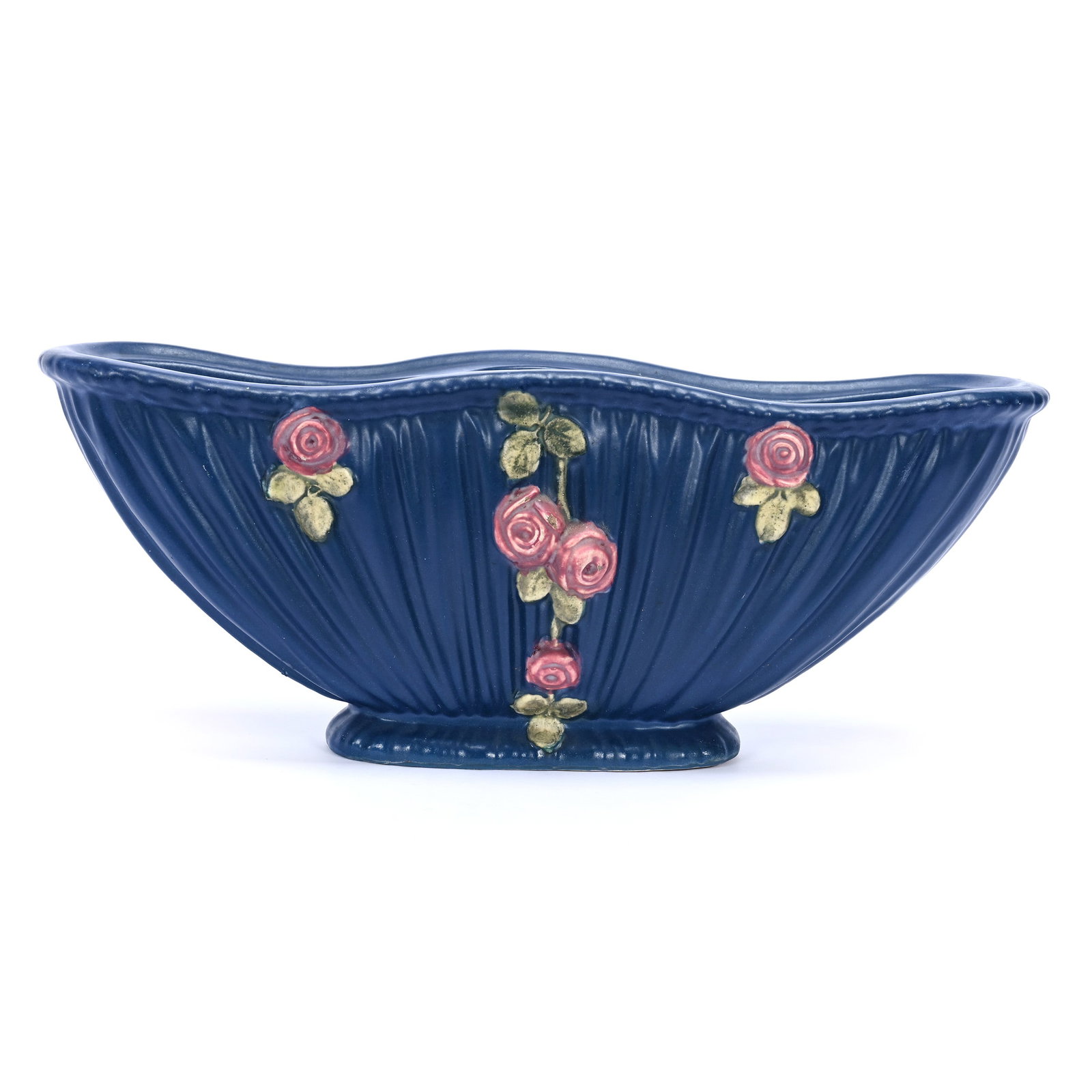 Planter, Unmarked Weller Art Pottery, Drapery Pattern: Planter, Unmarked Weller Art Pottery, Drapery Pattern, 5.25" x 13" x 3.5", Blue, Circa 1920's, Minor Glaze Nicks On Roses, Grady And Annette Hite Collection, NC.