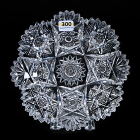 Plate, American Brilliant Cut Glass, Four Sections Of Hobstar, Flashed Hobstar And Fan Motif