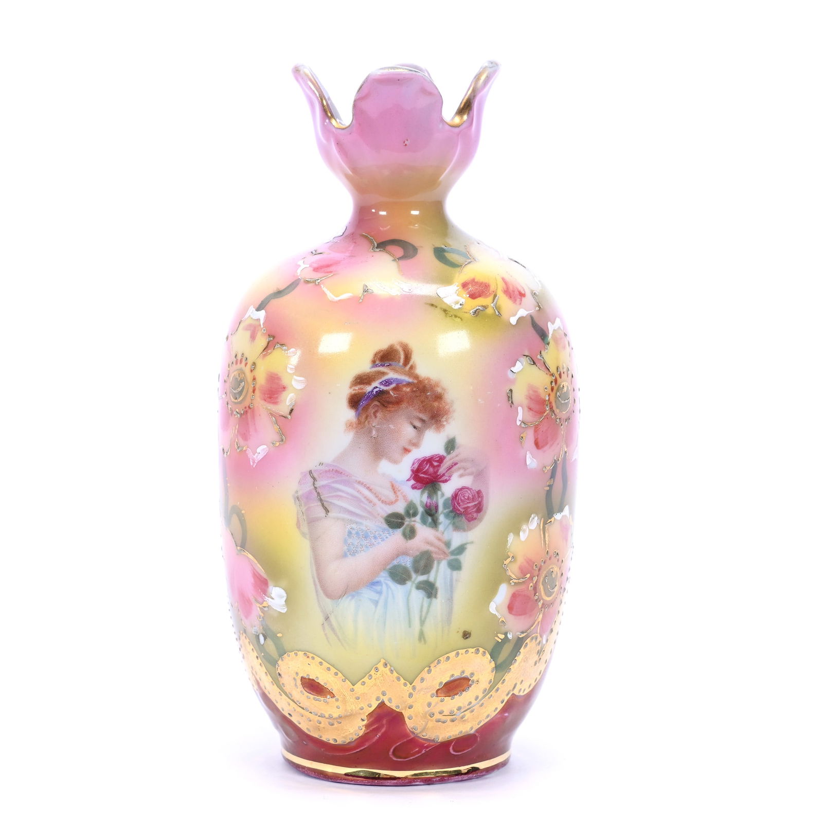 Vase Marked Prov Saxe, Yellow, Pink And Maroon Tones (1 of 3)