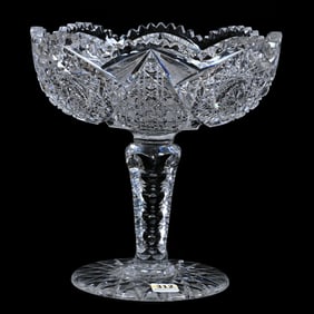 Pedestal Bowl, American Brilliant Cut Glass, Four Sections Of Hobstar And Cane Motif