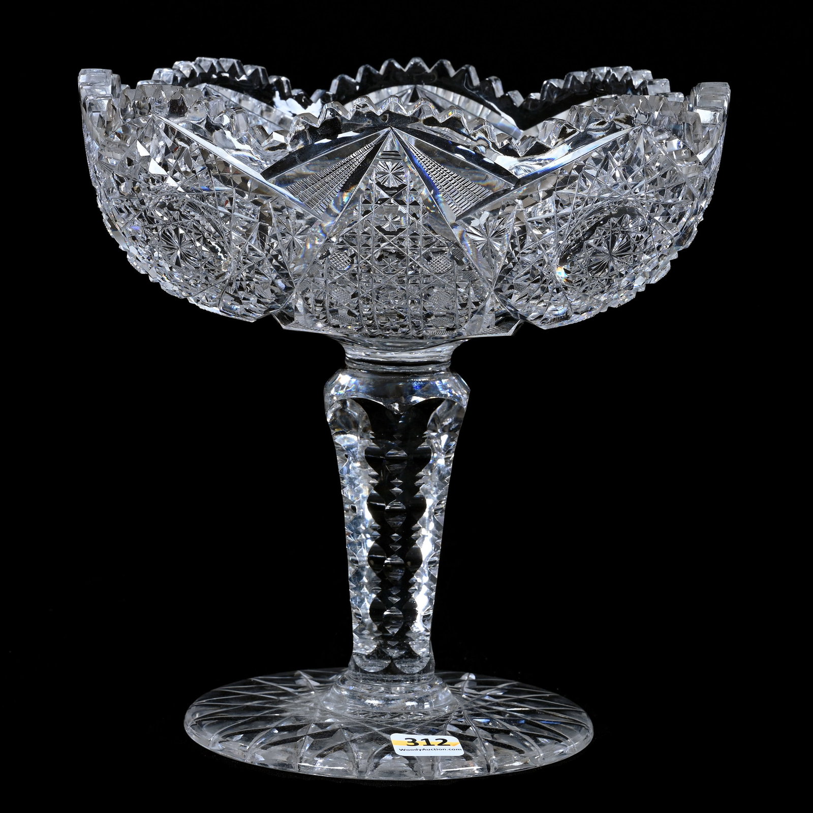 Pedestal Bowl, American Brilliant Cut Glass, Four Sections Of Hobstar And Cane Motif: Pedestal Bowl, American Brilliant Cut Glass, Four Sections Of Hobstar And Cane Motif, 8.5" x 8.25", Solid Notched Stem, Hobstar Foot, Rim Chip On Foot, Grady And Annette Hite Collection, NC.