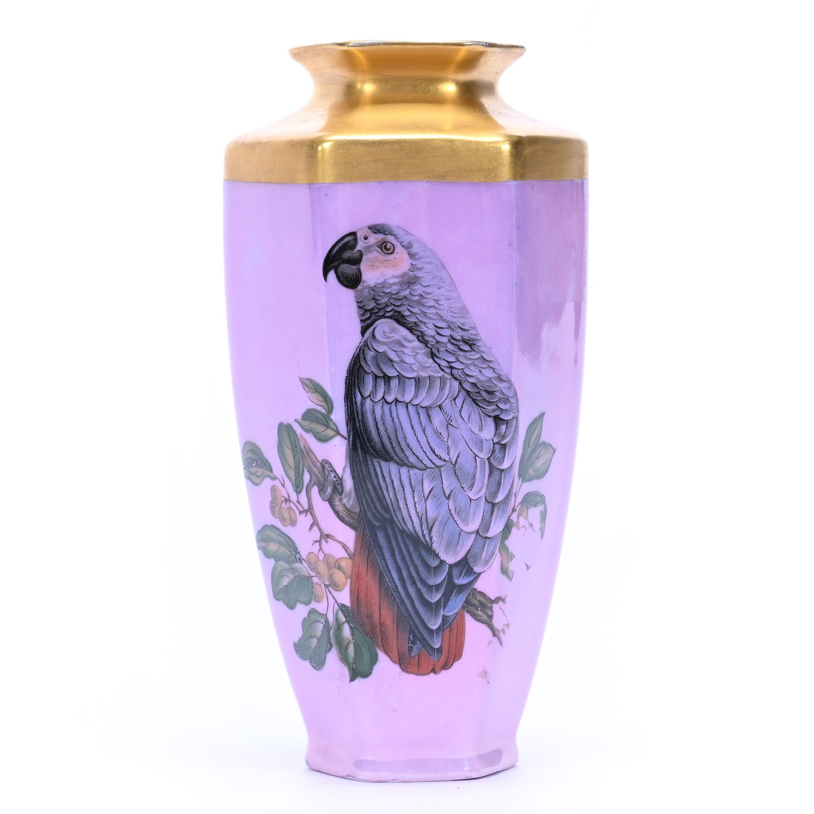 Vase, Six-Sided, Marked Prov Saxe, Parrot Decor, Lavender Luster Ground (1 of 3)
