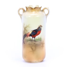 Miniature Vase, Two Handles, Unmarked R.S. Prussia, Pheasant Decor
