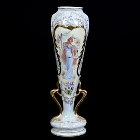 Vase, Two Handles, Marked Prov Saxe, White Iridescent Luster Ground