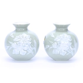 Pair Ball Vases, R.S. Steeple Mark, Green Ground, White Pate Sur Pate Floral Decor