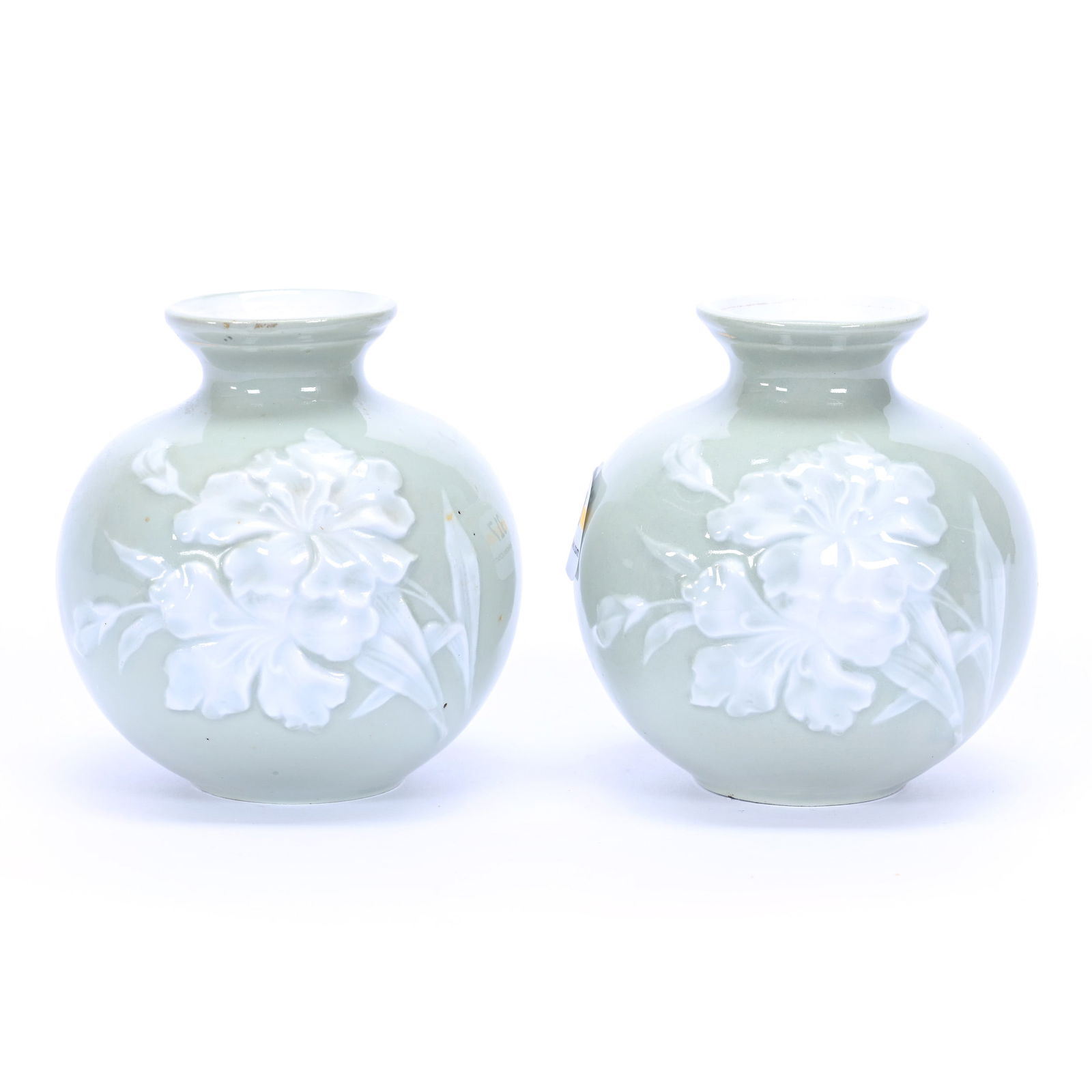 Pair Ball Vases, R.S. Steeple Mark, Green Ground, White Pate Sur Pate Floral Decor (1 of 3)