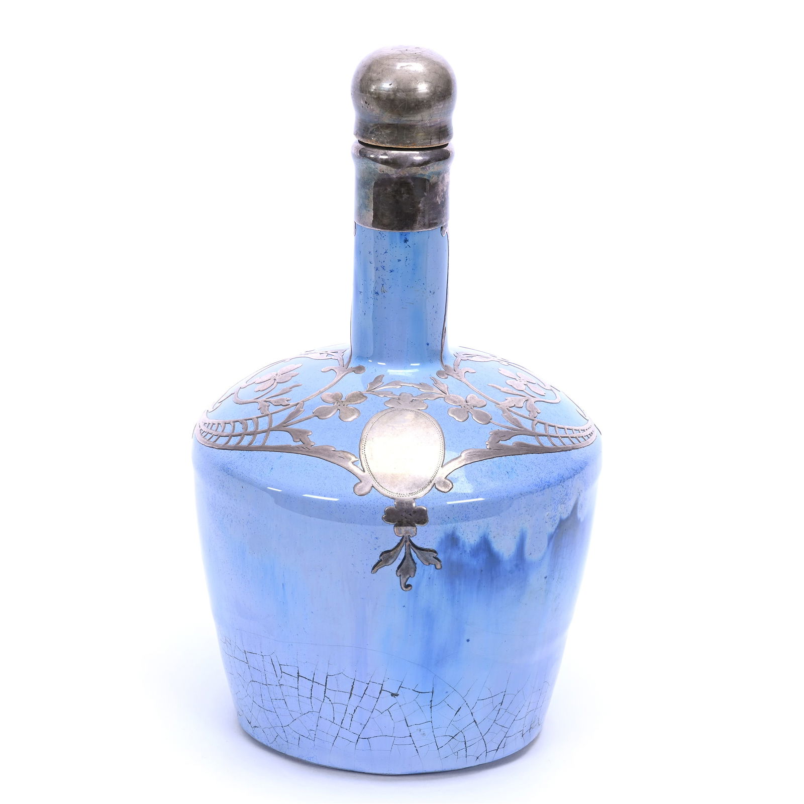 Fulper Pottery Ritz Musical Jug, Blue Glaze With Sterling Silver Decorative Overlay (1 of 3)